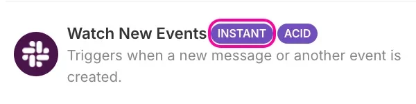 Módulo Watch New Events de Slack en Make, marcado como INSTANT